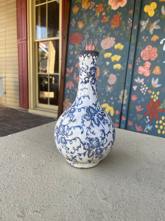 Distressed Blue and White Ceramic Vases-For the Home > Decor > Vases-medium. Ht. 8" Thin neck-Quinn's Mercantile