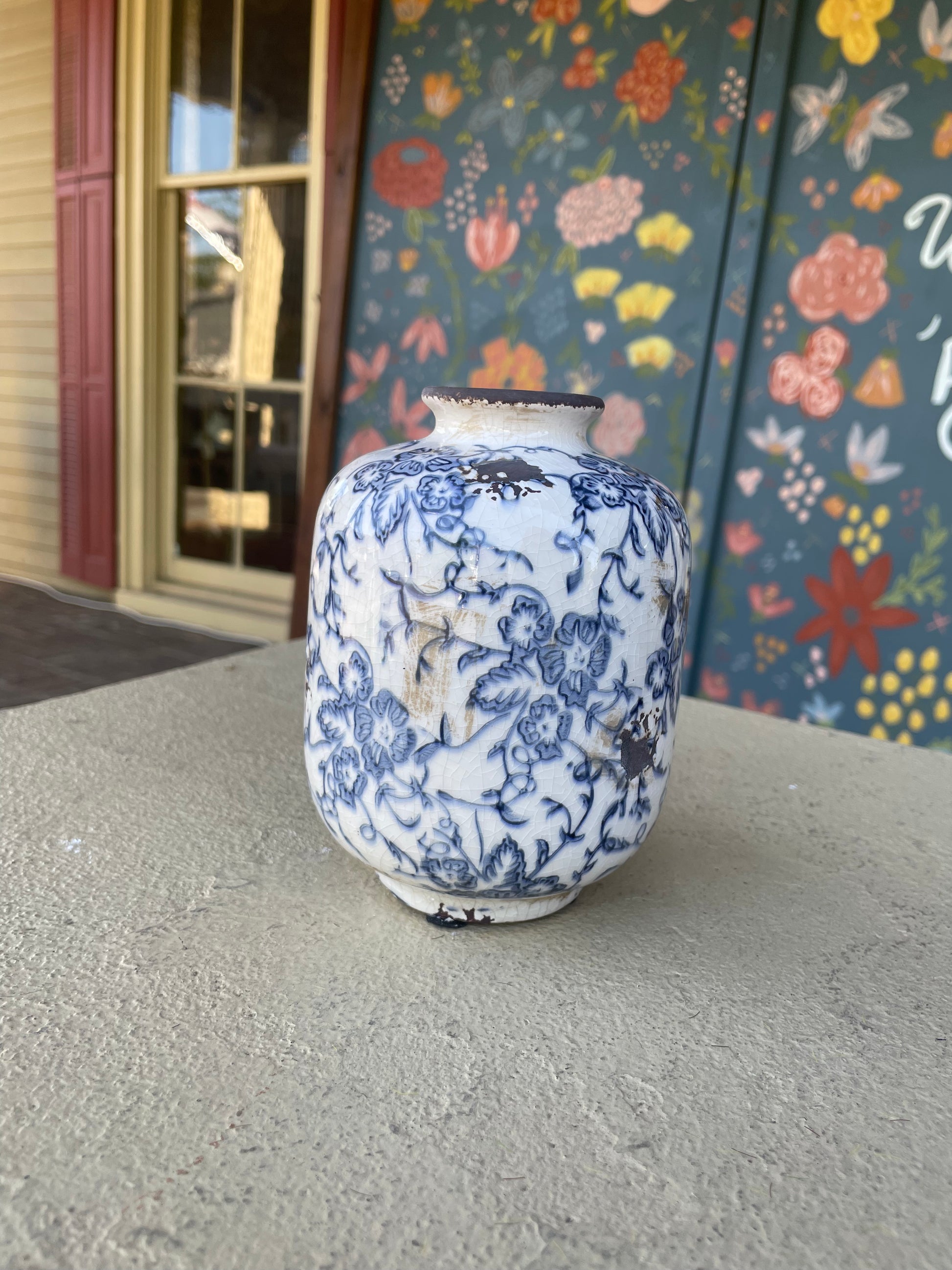 Distressed Blue and White Ceramic Vases