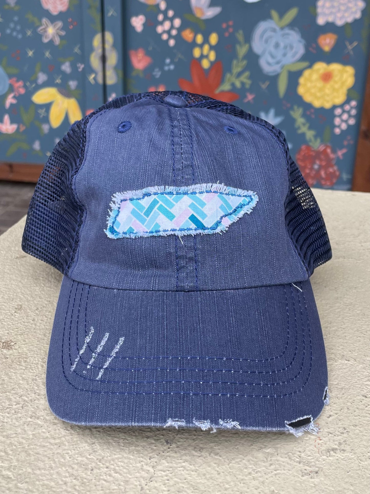 Tennessee Embroidered Emblem with Print Distressed Hat-Apparel > Apparel & Accessories > Clothing Accessories > Hats-Navy Hat with Chevron Print-Quinn's Mercantile