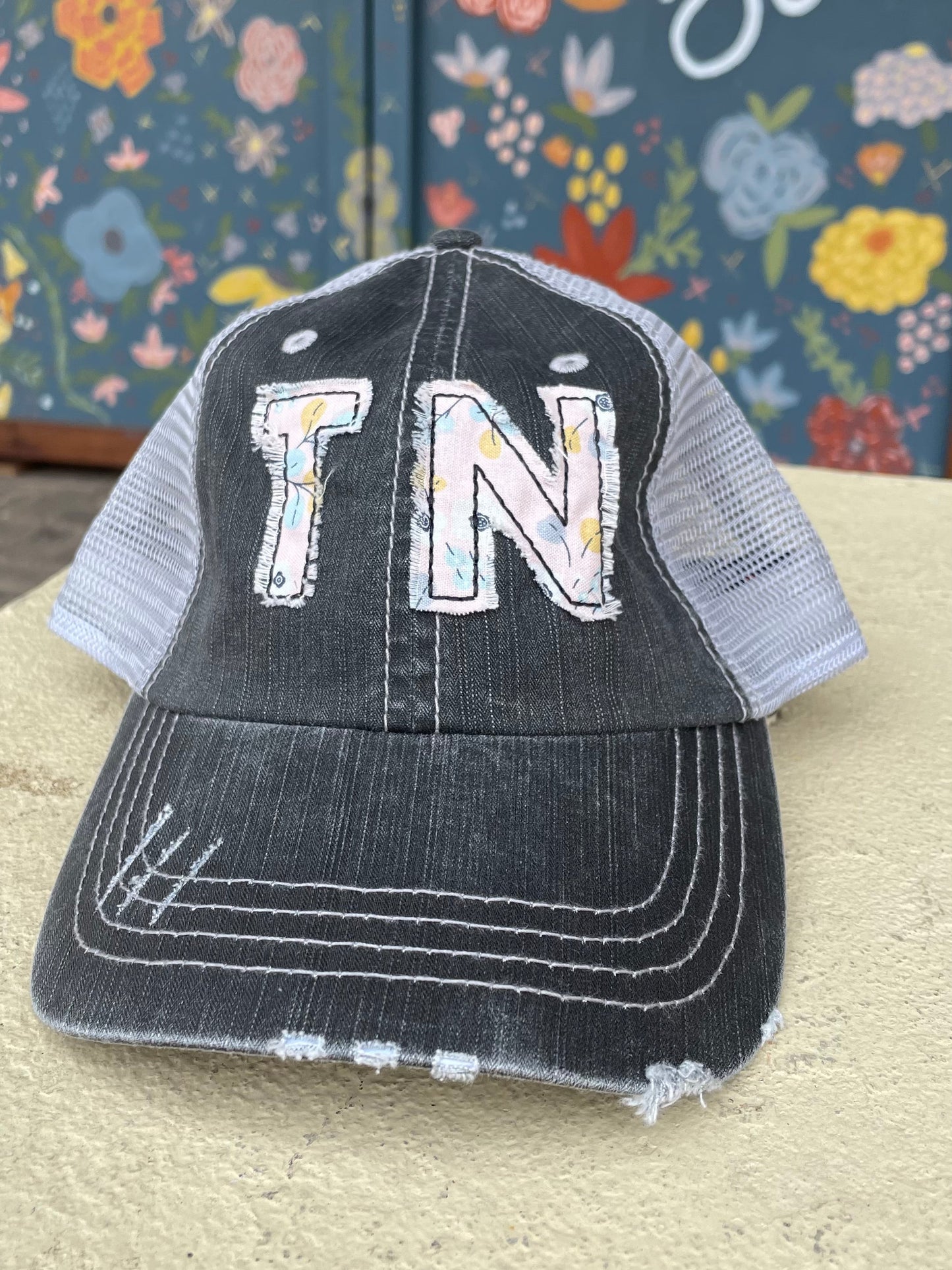 Tennessee Embroidered Emblem with Print Distressed Hat-Apparel > Apparel & Accessories > Clothing Accessories > Hats-Gray Hat with TN Initial Print-Quinn's Mercantile