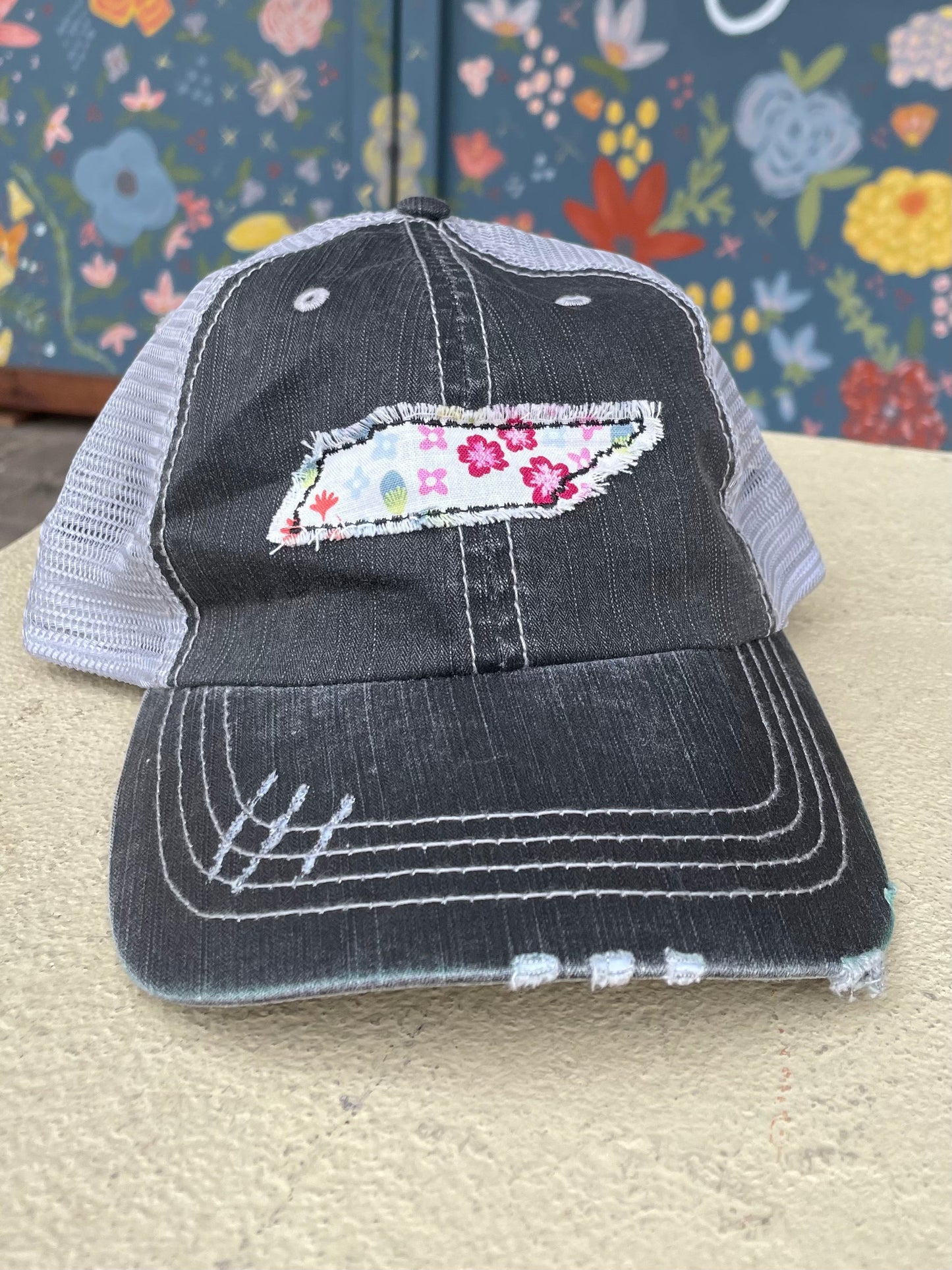 Tennessee Embroidered Emblem with Print Distressed Hat-Apparel > Apparel & Accessories > Clothing Accessories > Hats-Gray Hat with Flower Print-Quinn's Mercantile