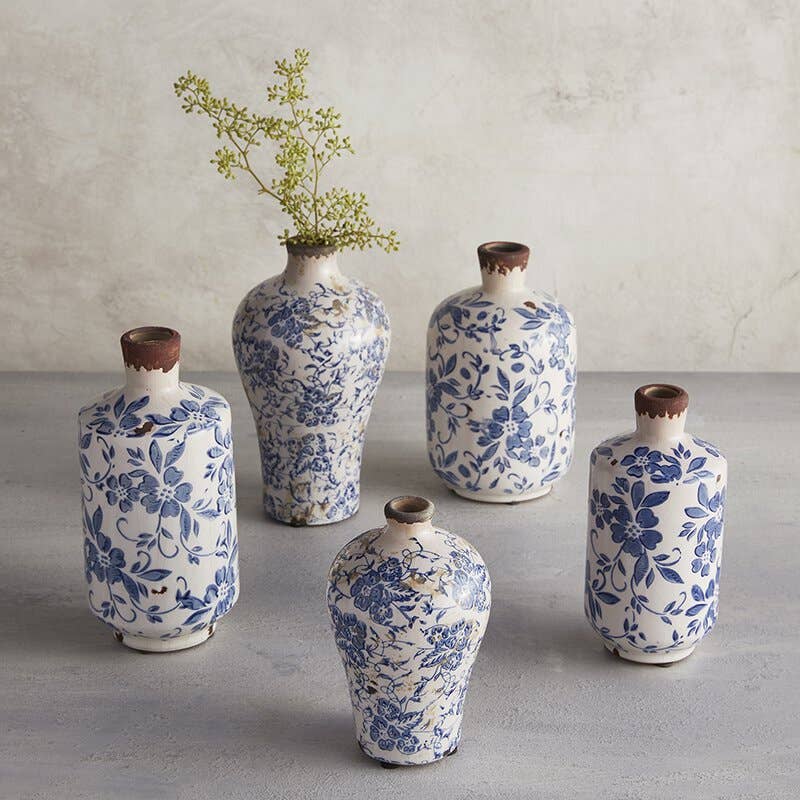 Vintage Blue and White Medium Bottle Vase-For the Home > Decor > Vases-Quinn's Mercantile