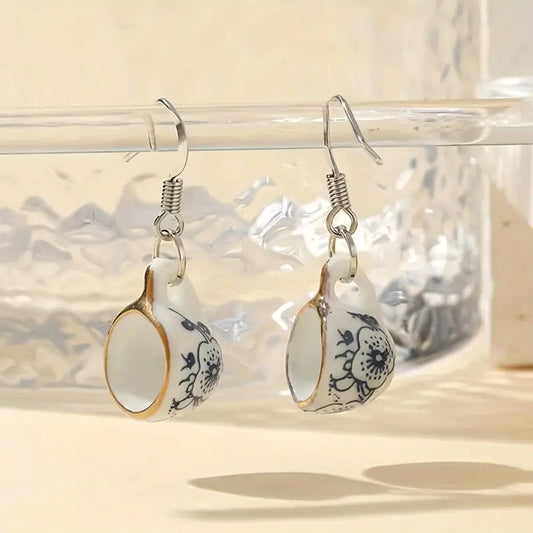 Blue and White Teacup Earrings-Apparel & Accessories > Jewelry > Earrings-Quinn's Mercantile