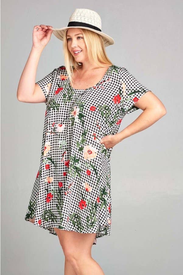 Plus Size Floral Checkered Babydoll Dress-Apparel > Apparel & Accessories > Clothing > Dresses-1XL-Quinn's Mercantile