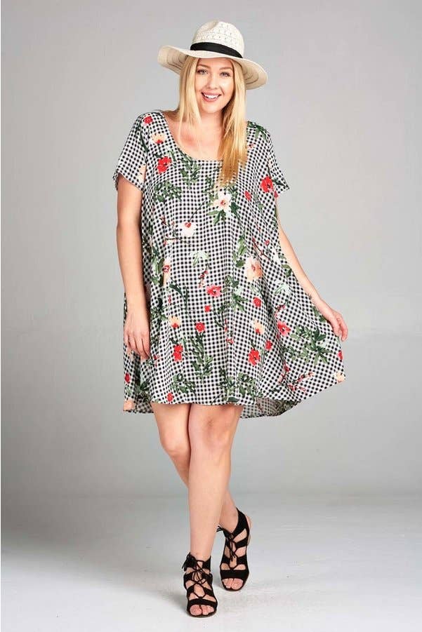 Plus Size Floral Checkered Babydoll Dress-Apparel > Apparel & Accessories > Clothing > Dresses-1XL-Quinn's Mercantile
