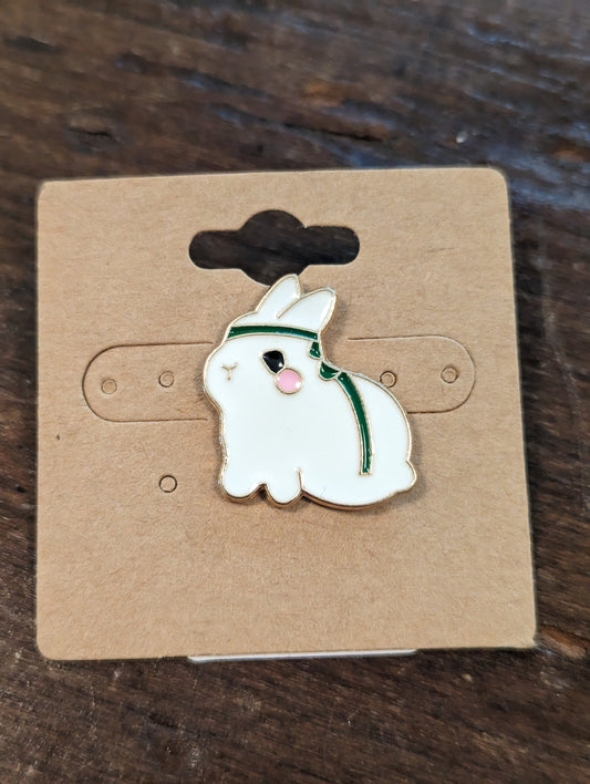 Bunny with Green Ribbon Enamel Pin-Apparel & Accessories > Jewelry > Brooches & Lapel Pins-Quinn's Mercantile