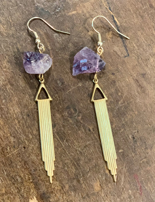 Amethyst Stone Gold Tone Earrings-Jewelry > Apparel & Accessories > Jewelry > Earrings-Quinn's Mercantile