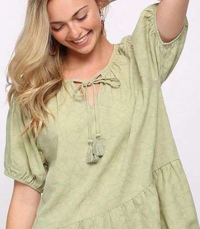 Jacquard Top With Tassel Tie-Apparel & Accessories > Clothing > Shirts & Tops-Quinn's Mercantile