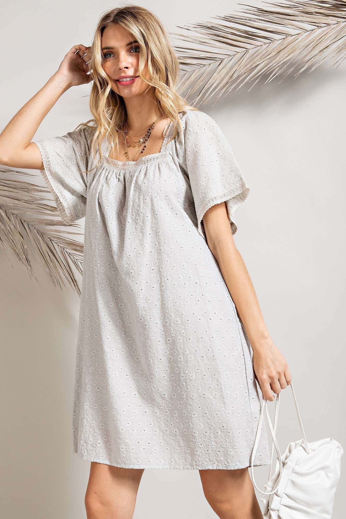 Eyelet Square Neck Dress-Apparel > Apparel & Accessories > Clothing > Dresses-Quinn's Mercantile