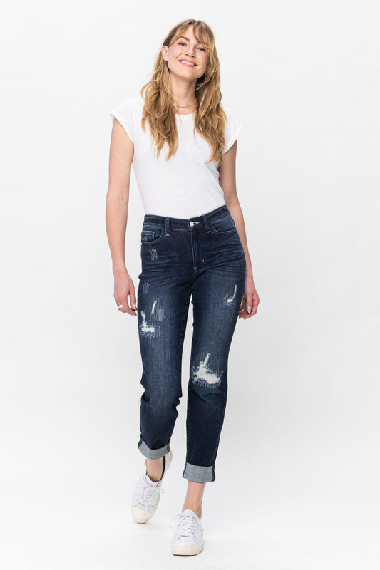 Mid Rise Stitched Destroy and Double Cuff Jeans