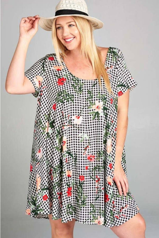 Plus Size Floral Checkered Babydoll Dress-Apparel > Apparel & Accessories > Clothing > Dresses-Quinn's Mercantile