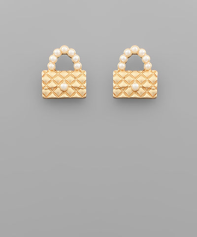 Quilted Handbag Pearl Studs-Jewelry > Apparel & Accessories > Jewelry > Earrings-Quinn's Mercantile