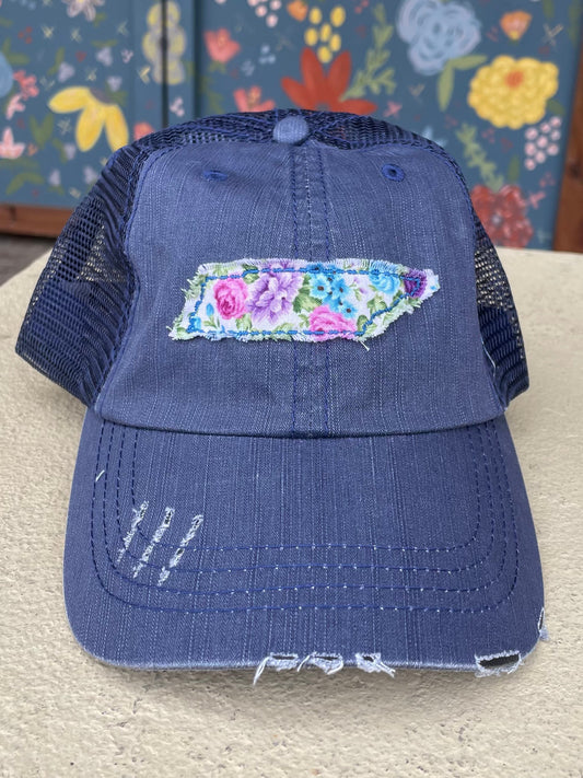 Tennessee Embroidered Emblem with Print Distressed Hat-Apparel > Apparel & Accessories > Clothing Accessories > Hats-Navy Hat with Flower Print-Quinn's Mercantile